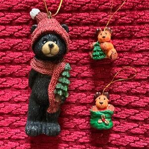 Resin Bear Holding Tree and 2 Mini Reindeer Ornaments